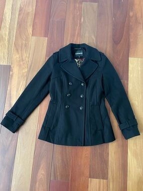 Express Black Double-Breasted Pea Coat with Leopard Lining